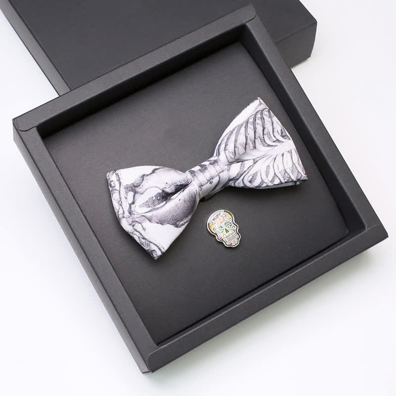 2Pcs Men's Gray Skeleton Skull Head Brooch Bow Tie Set