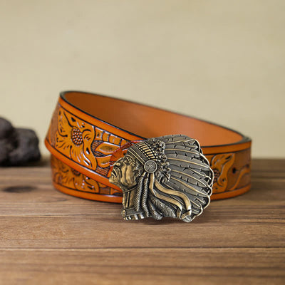 Men's DIY Native Chief Head Buckle Leather Belt