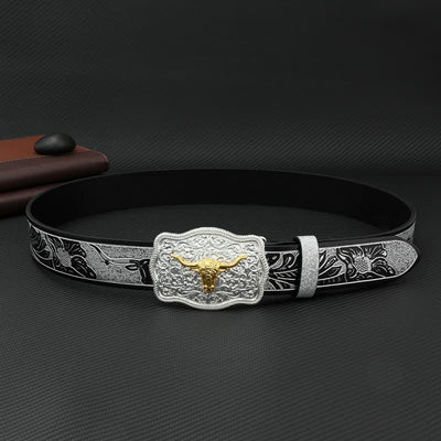 Men's Bull Black Silver Floral Embossed Print Leather Belt