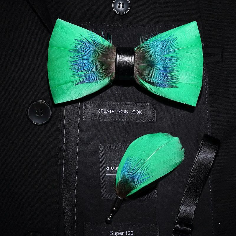 Blue & Green Novelty Feather Bow Tie with Lapel Pin