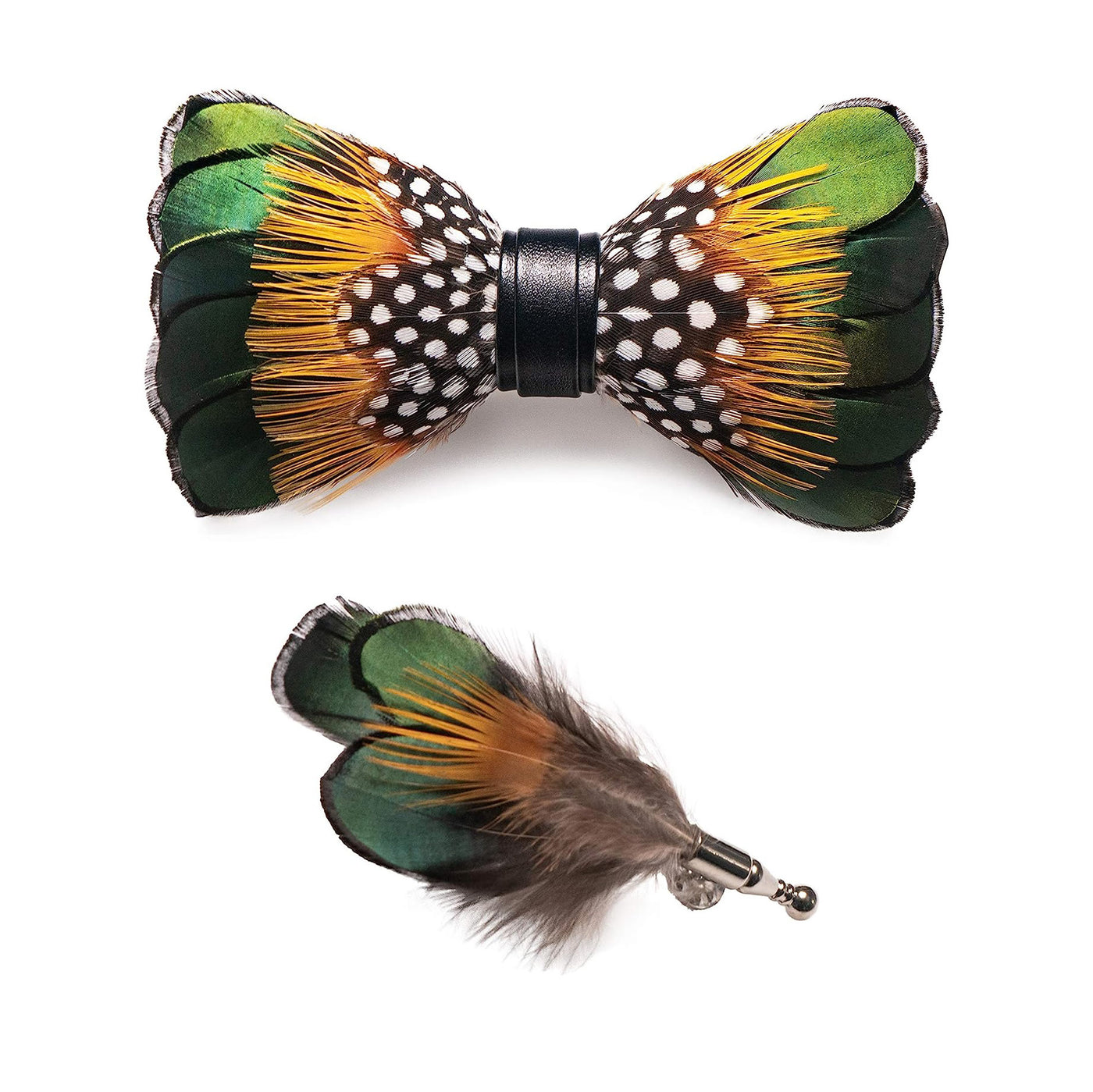 Kid's ForestGreen & Orange Vintage Feather Bow Tie with Lapel Pin