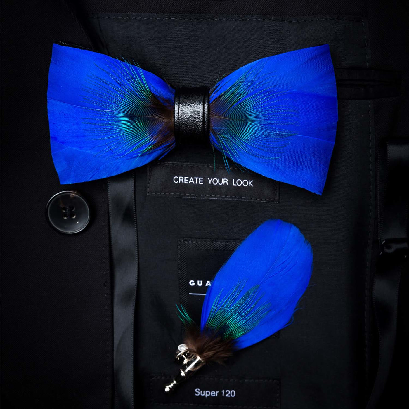 Oxford Blue Peacock Feather Bow Tie with Lapel Pin