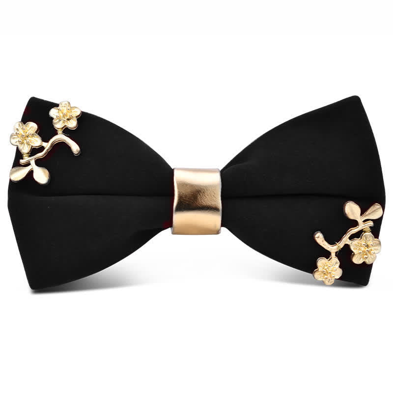 Men's Dark Burgundy Gold Metal Flower Leaves Bow Tie