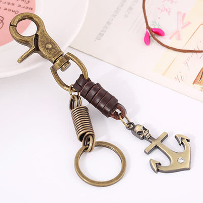 Charming Boat Anchor Skull Leather Keychain