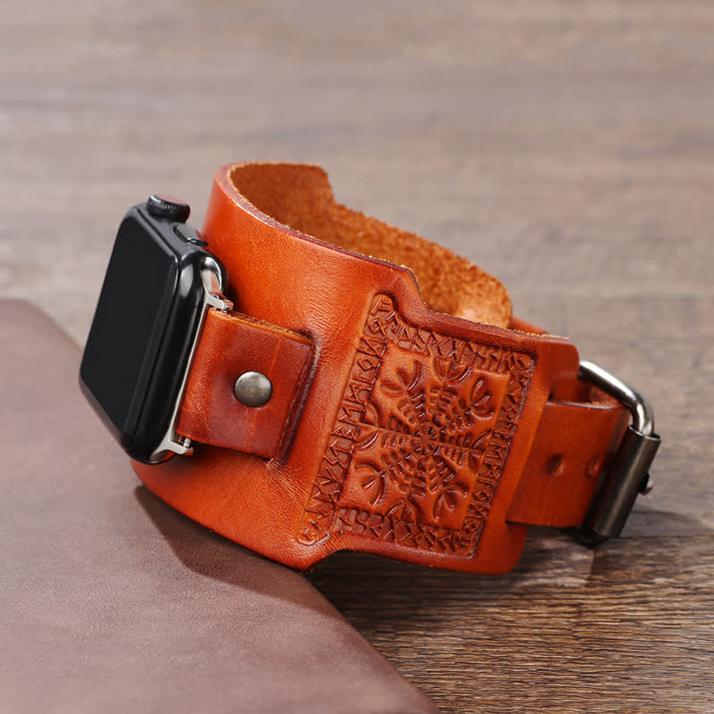 Relief Viking Compass Totem Leather Watch Band
