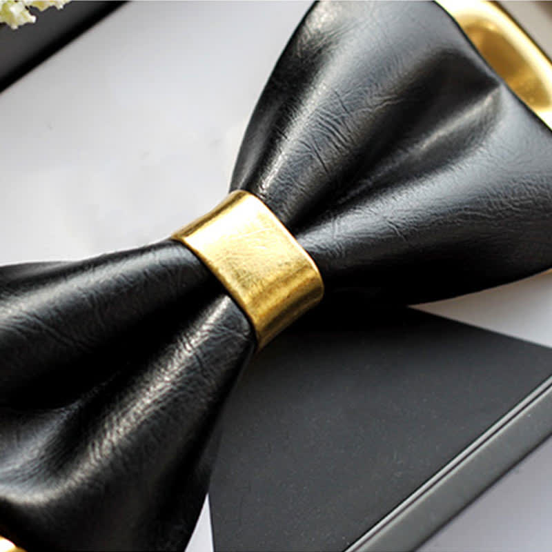 Men's Gold & Black Double Layers Leather Bow Tie