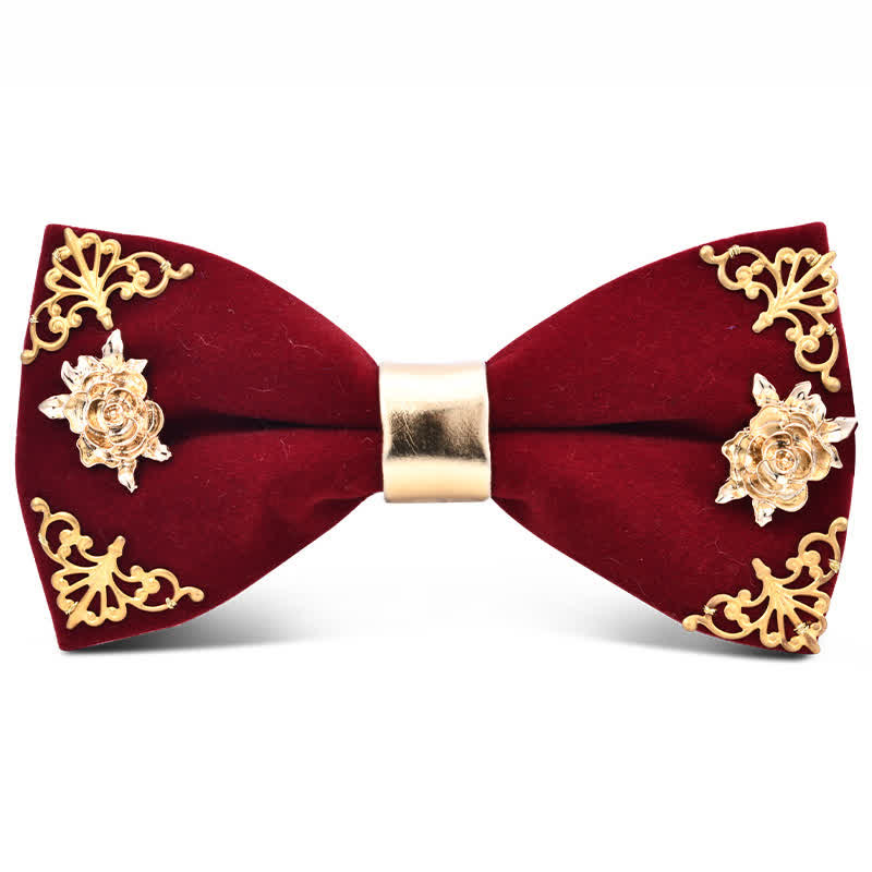 Men's Dark Burgundy Gold Metal Flower Leaves Bow Tie