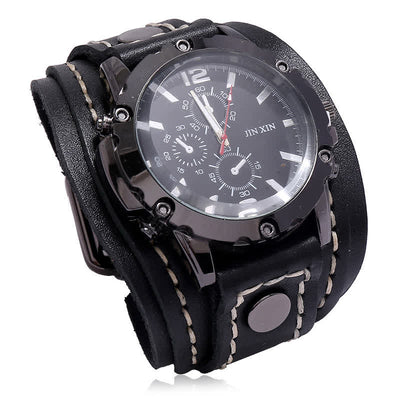 Men's Casual Triple Dial Wide Cuff Leather Watch