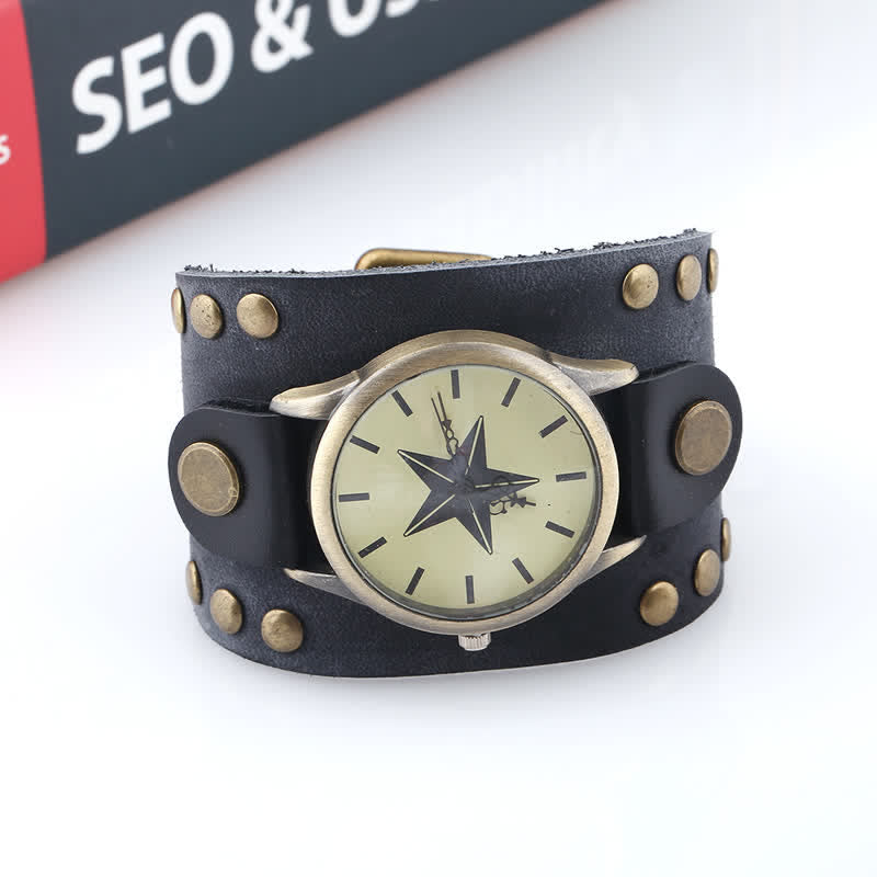 Men's Five-Pionted Star Rivet Cuff Leather Watch