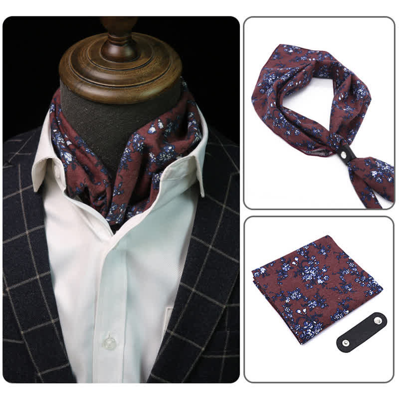 FireBrick & Navy Flowered Square Scarf with Scarf Buckle