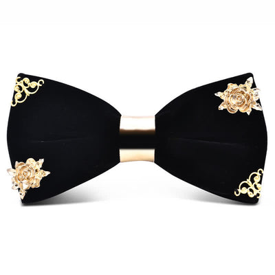 Men's Dark Burgundy Gold Metal Flower Leaves Bow Tie