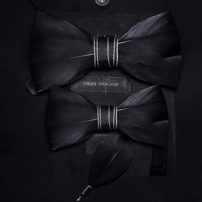 Black Noble Feather Bow Tie with Lapel Pin