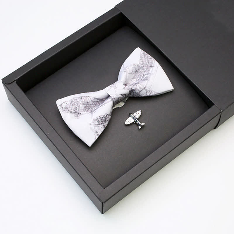 2Pcs Men's White Aviation Plane Brooch Bow Tie Set