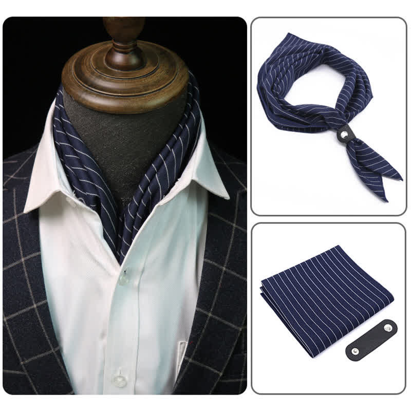 Navy & White Classic Striped Square Scarf with Scarf Buckle