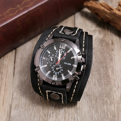 Men's Casual Triple Dial Wide Cuff Leather Watch