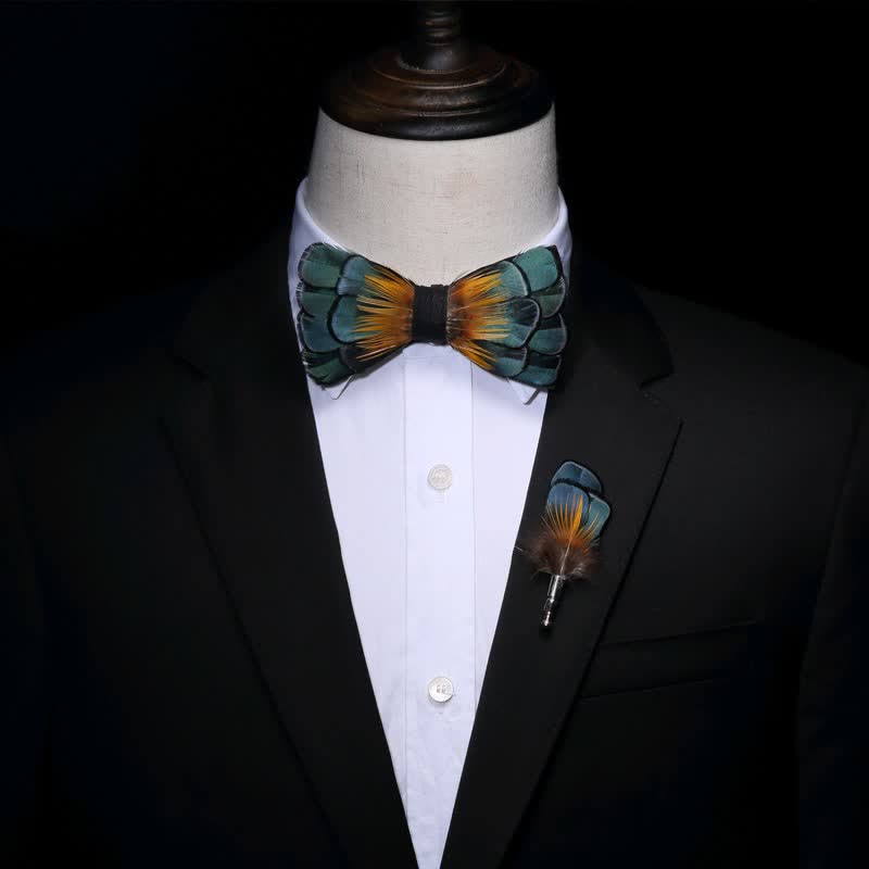 Green & Orange Sunflower Feather Bow Tie with Lapel Pin