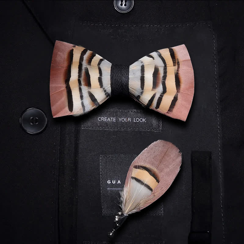 Kid's Brown & LightCoral Genius Chinchilla Feather Bow Tie with Lapel Pin
