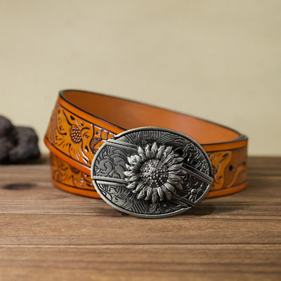 Men's DIY Sunflower Hidden Folding Knife Leather Belt