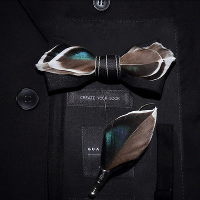 Black Mallard Duck Feather Bow Tie with Lapel Pin
