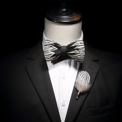 Black & White Zebra Stripe Feather Bow Tie with Lapel Pin
