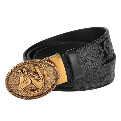 Men's Horse Automatic Buckle Vintage Western Style Leather Belt