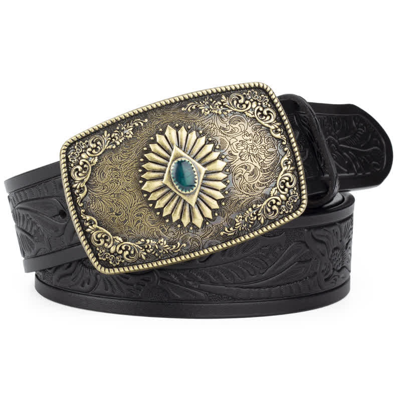 Men's Floral Engraving Pattern Automatic Buckle Leather Belt