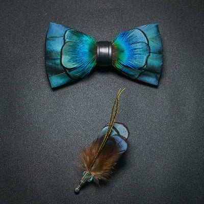Kid's Lustrous Blue Feather Bow Tie with Lapel Pin