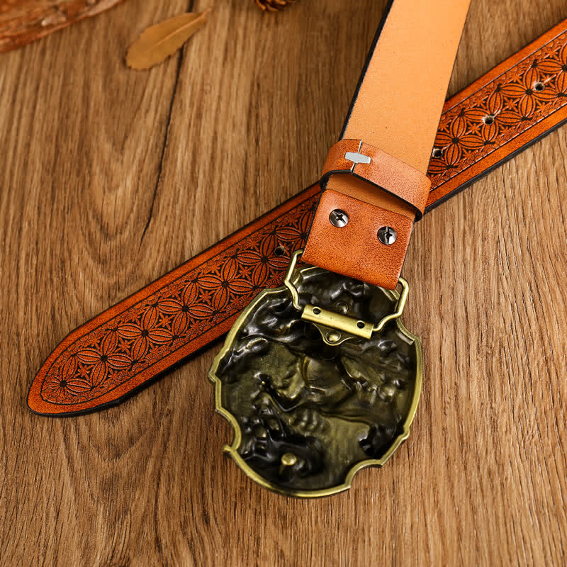 Horse & Cow Buckle Floral Print Leather Belt