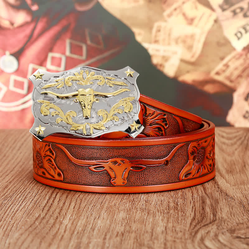 Men's Silver & Gold 3D Bull Head Animal Leather Belt