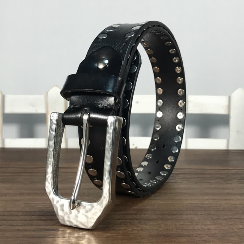 Hammer Buckle Two Rows Rivets Studs Leather Belt