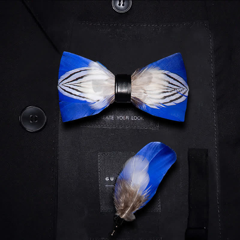 Kid's Blue & White Freedom Feather Bow Tie with Lapel Pin