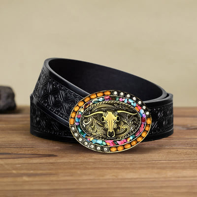 Men's DIY Good Luck Bull Wood Beads Buckle Leather Belt