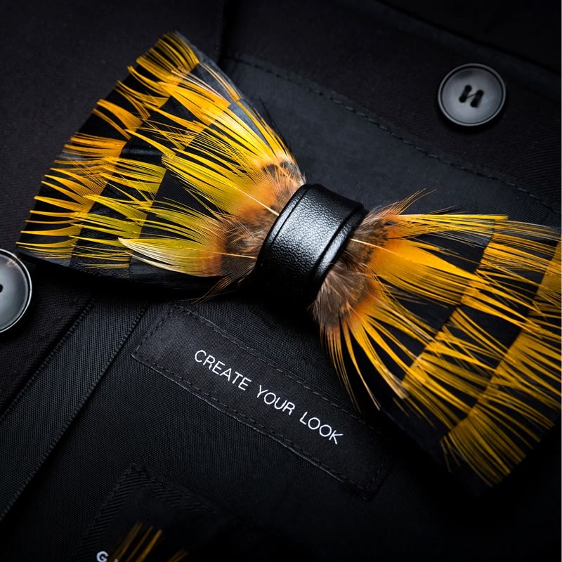 Kid's Yellow & Black Night Feather Bow Tie with Lapel Pin