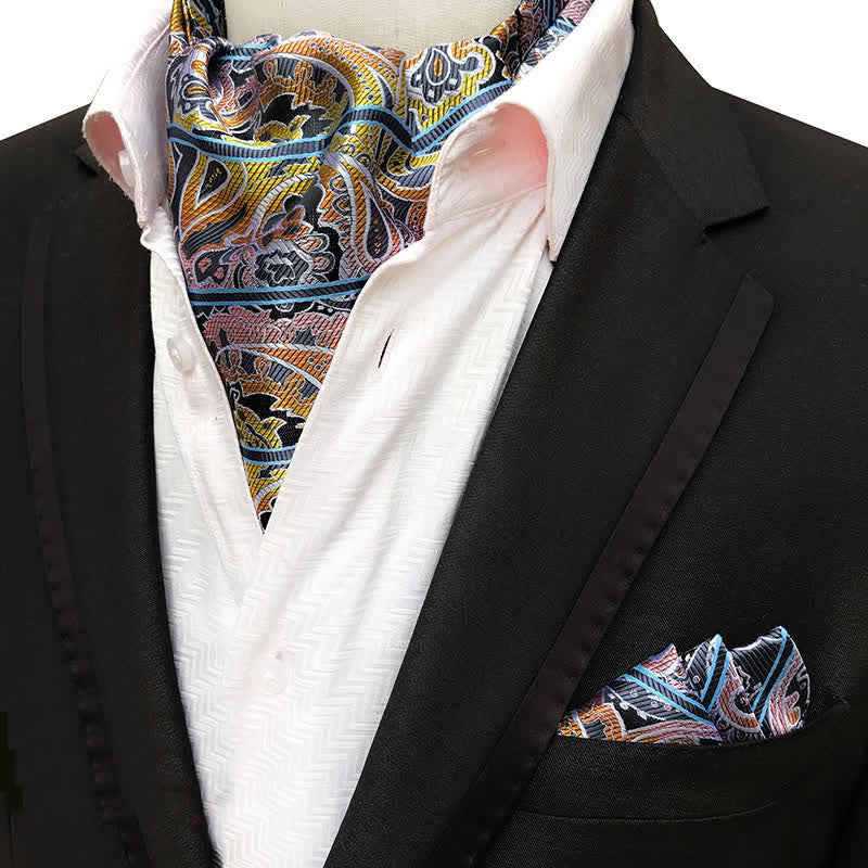 2Pcs Black Striped & Gold Paisley Pocket Square and Cravat Set