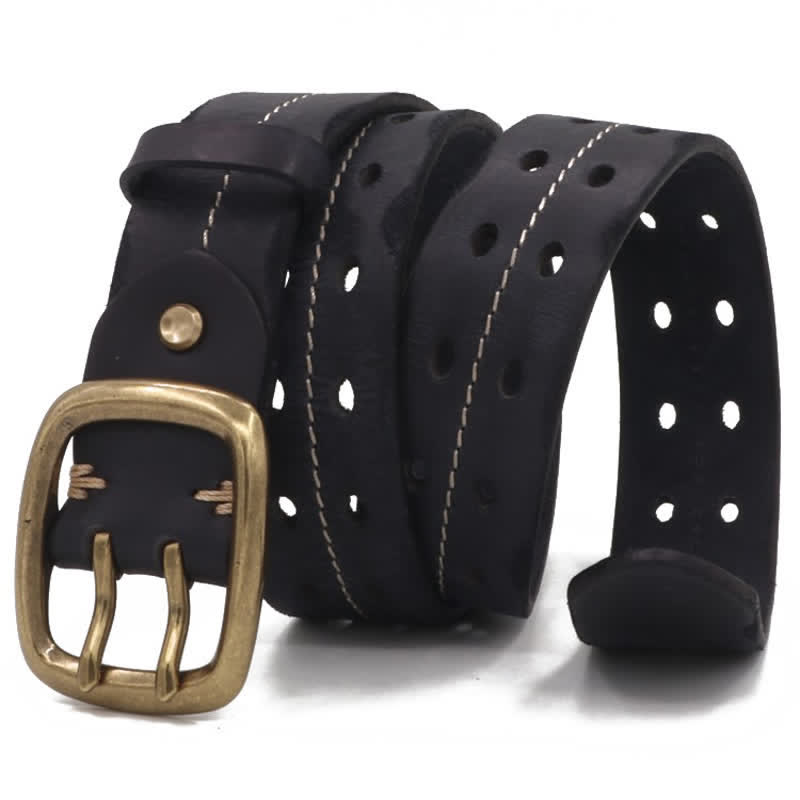 Men's Double Holes Brass Buckle Leather Belt