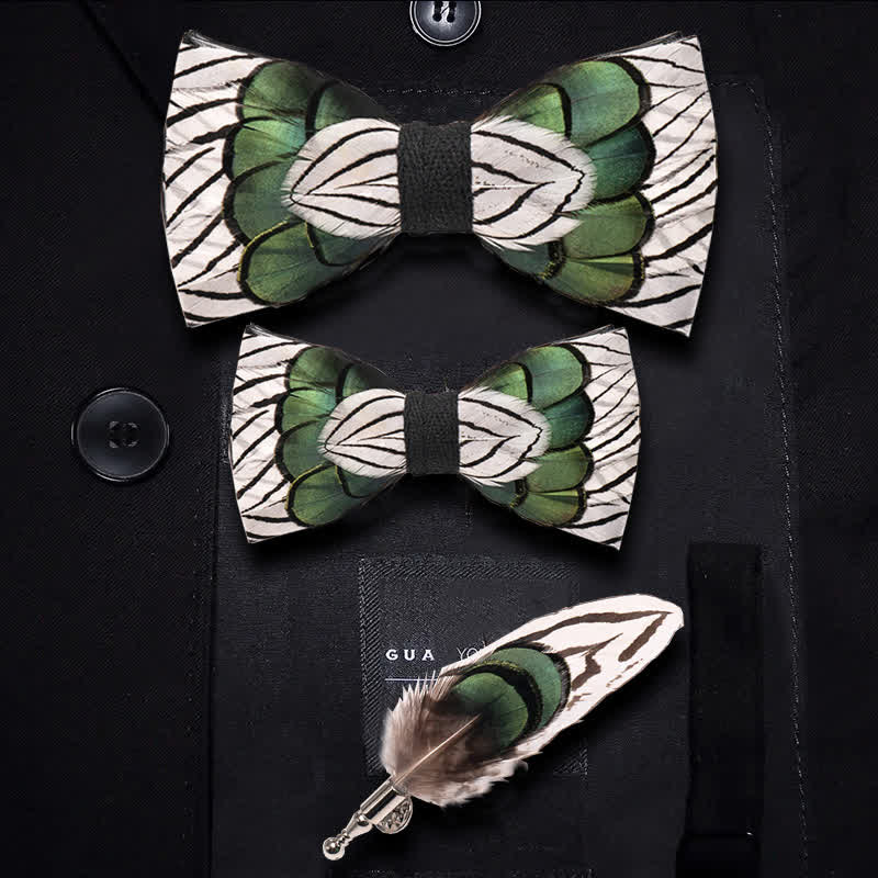 Kid's Green & White Forest Feather Bow Tie with Lapel Pin