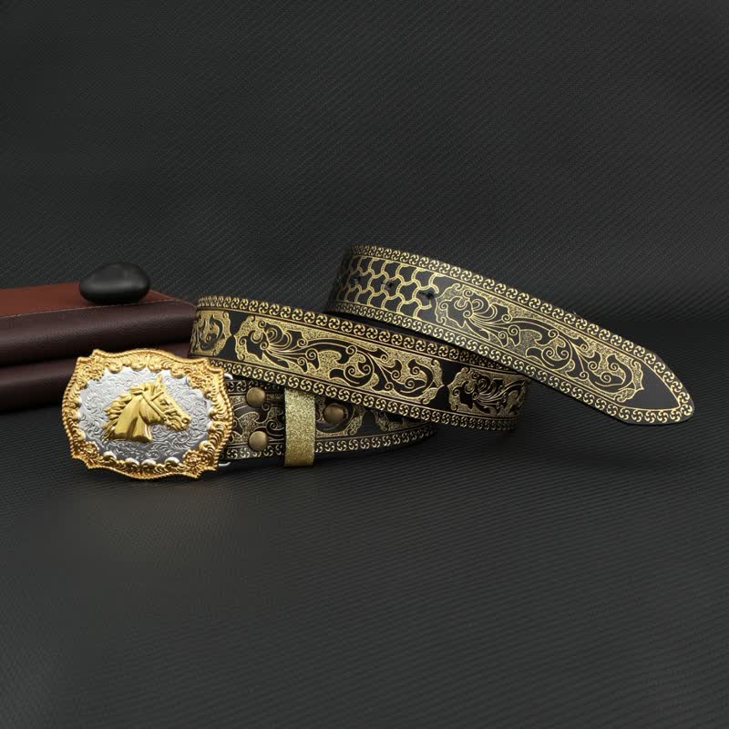 Men's Horse Bronzing Floral Embossed Print Leather Belt