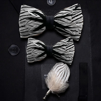 Kid's Black & White Zebra Stripe Feather Bow Tie with Lapel Pin
