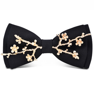 Men's Dark Burgundy Gold Metal Flower Leaves Bow Tie