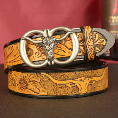 Men's Double Ring Bull Automatic Buckle Leather Belt