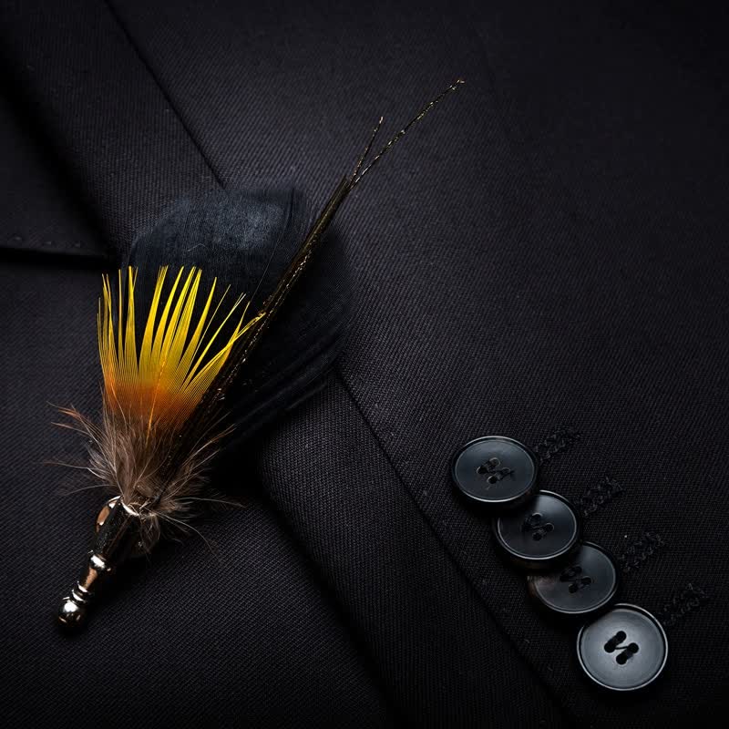 Kid's Yellow & Black Night Feather Bow Tie with Lapel Pin