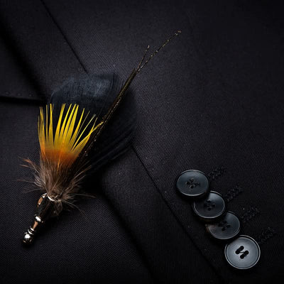 Yellow & Black Night Feather Bow Tie with Lapel Pin