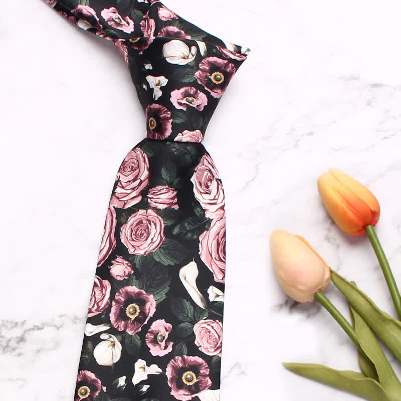 Men's Beautiful Pink Rose Fashion Print Necktie