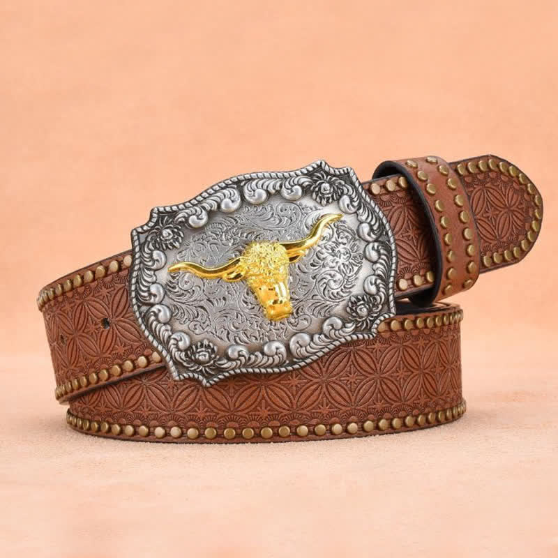 Men's Punk Rivet Gold Longhorn Bull Leather Belt