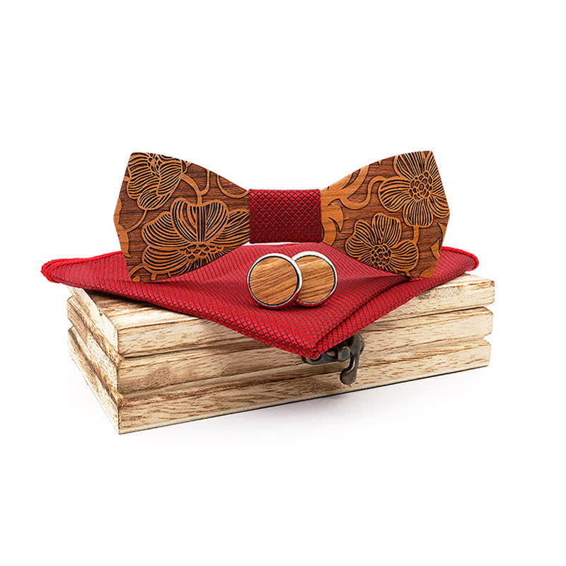 3Pcs Men's Carved Lotus Flower Wooden Bow Tie Set