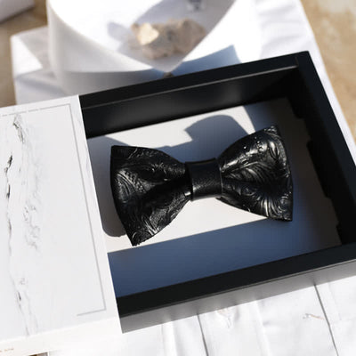 Men's Embossed Pleated Pattern Black Leather Bow Tie