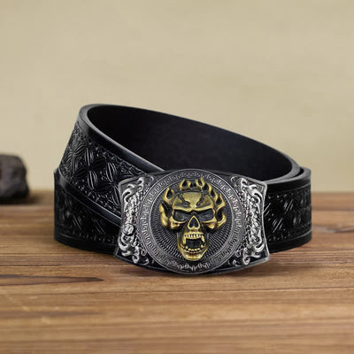 Men's DIY Flame Skull Hidden Folding Knife Leather Belt