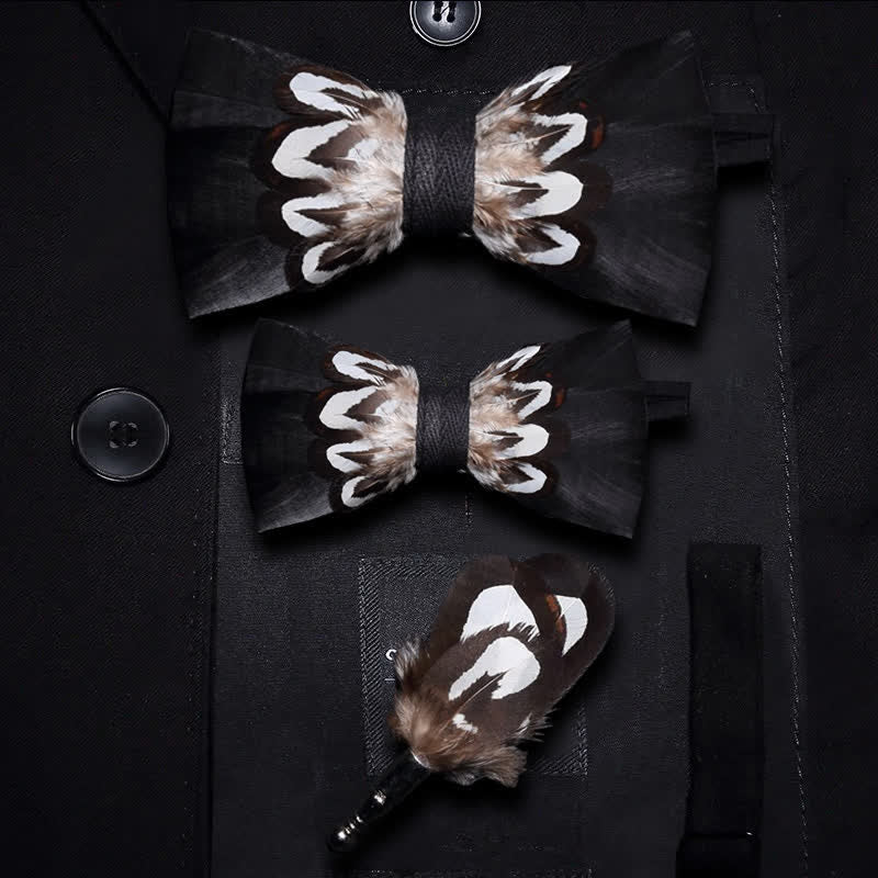 Black & White Pattern Feather Bow Tie with Lapel Pin
