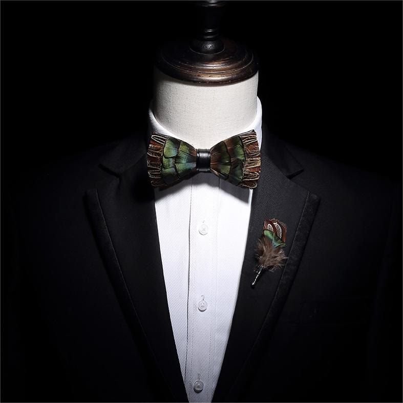 Kid's Brown & Green Forest Retro Feather Bow Tie with Lapel Pin
