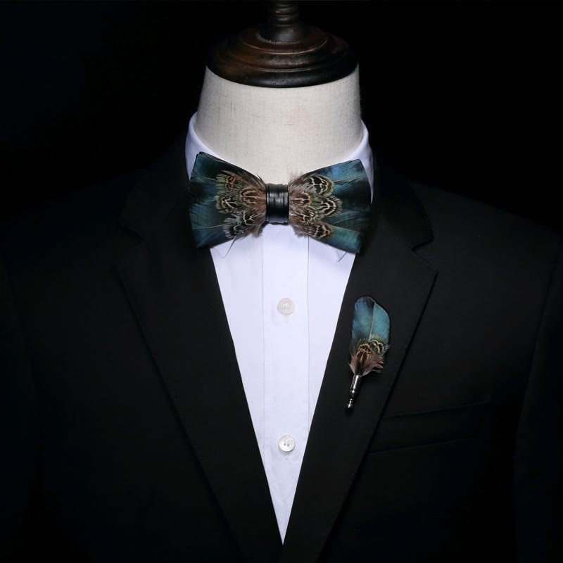 Green & Brown Vintage Feather Bow Tie with Lapel Pin